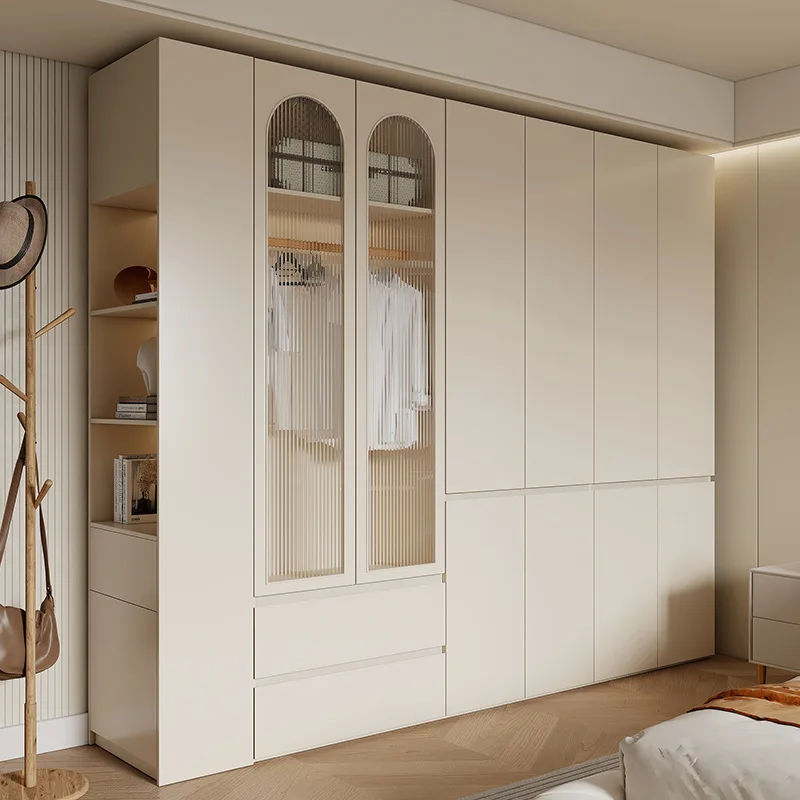 Modern cream style segmented handle-free wardrobe household bedroom 60 deep wardrobe combination simple to top cabinet