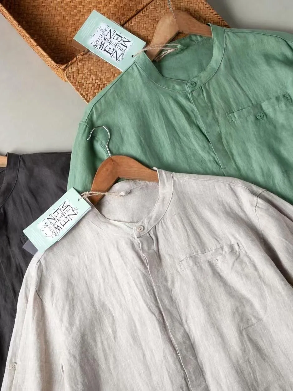 Pure Linen Chinese Style Casual Shirt Men's Loose Short Sleeve Shirt Summer Comfortable Traditional round Neck Unbranded