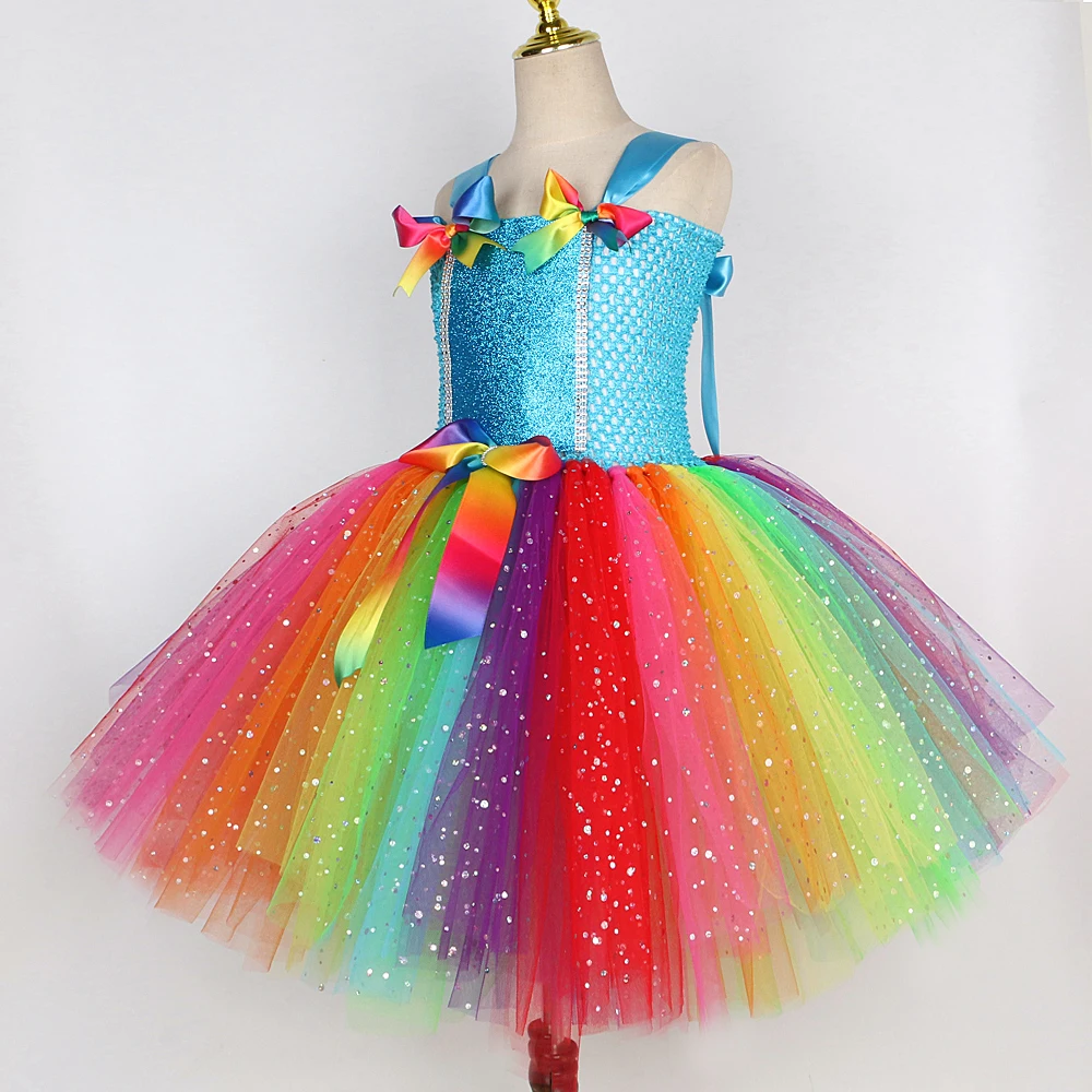 Sparkly Rainbow Fairy Costumes for Girls Glittery Colorful Candy Dress for Kids Halloween Christmas Tutus Birthday Wings Outfits