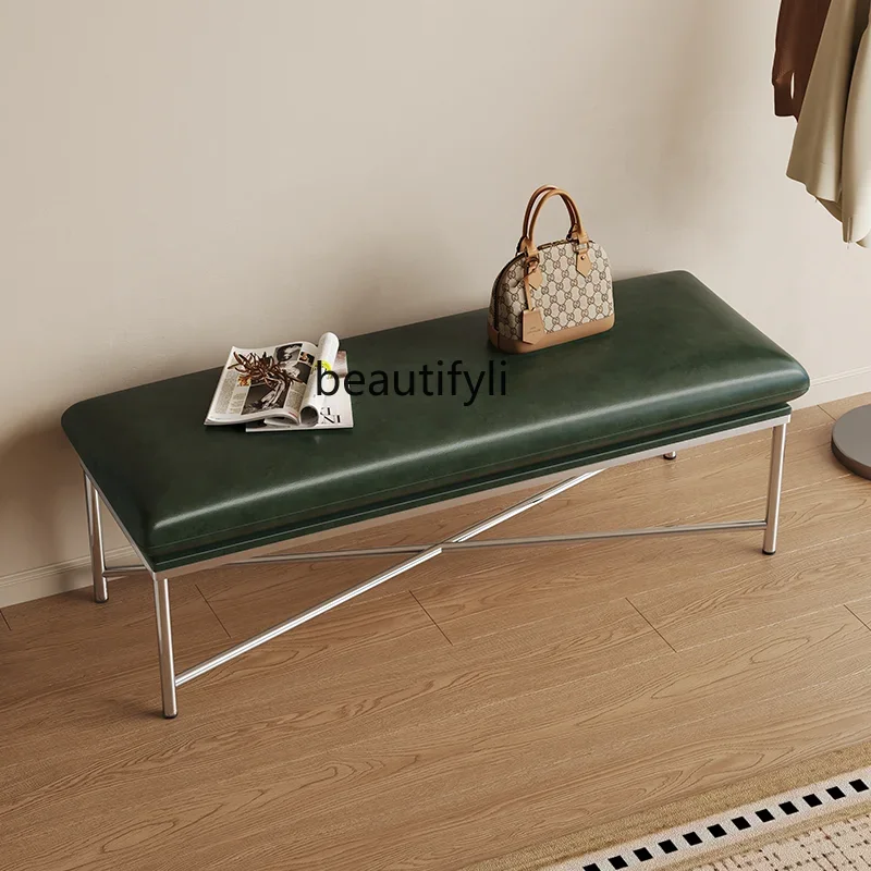 E153 Vintage Style Entryway Shoe Bench Light Luxury Home Shoe Bench Creative Stainless Steel Sofa Long Bench