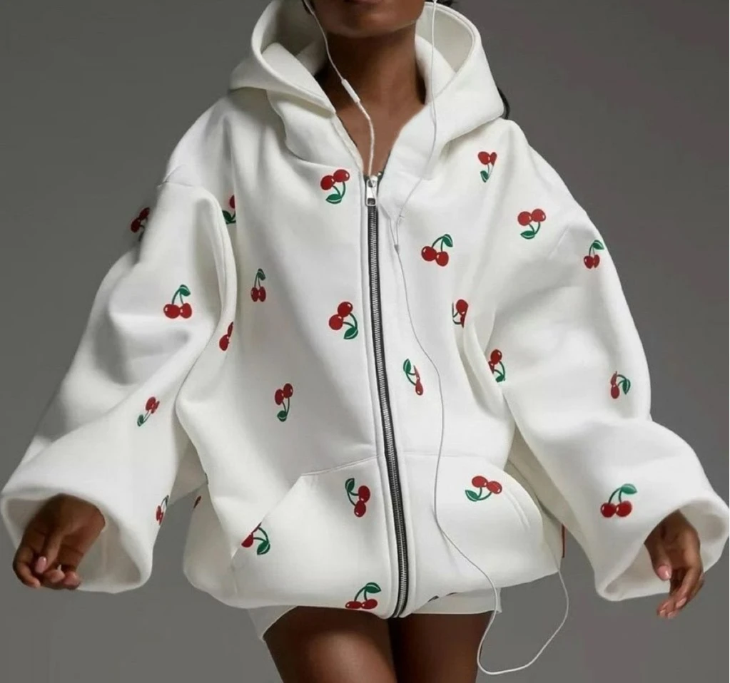 

Cherry Print Sweatshirt Jacket for Autumn Women's Fashion Loose and Versatile Sports Hoodie