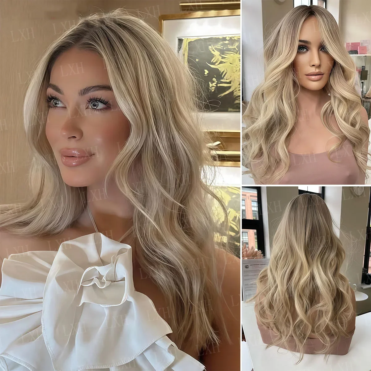Natural HD Lace Wave 24Inch Glueless Women Ombre Blond Front Wig Hair Pre Plucked Transparent Lace Hair Wig