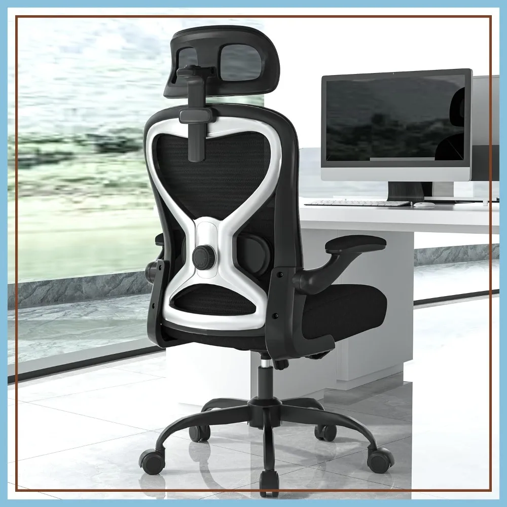 

Ergonomic Office Chair with Lumbar Support & 3D Headrest, Home Desk Chair with Flip-up Armrests, Computer Chair for Study, Black/Silver