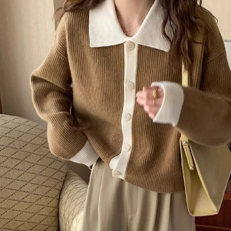 Spring and Autumn New Lazy Polo Neck Knitted Cardigan Women Gentle Soft Glutinous Retro Fashion Korean Color Block Top Clothing