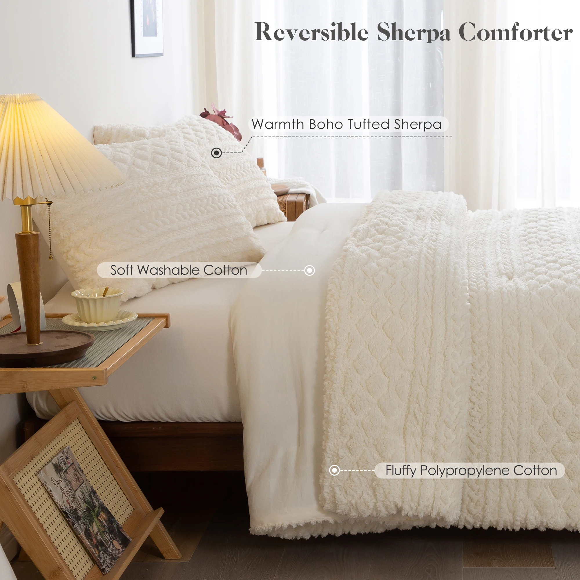 Plush Fleece Sherpa Cotton Fluffy Bed Down Comforter Set, Boho Tufted Ultra-Soft Lightweight Warm All Season Ivory Queen King