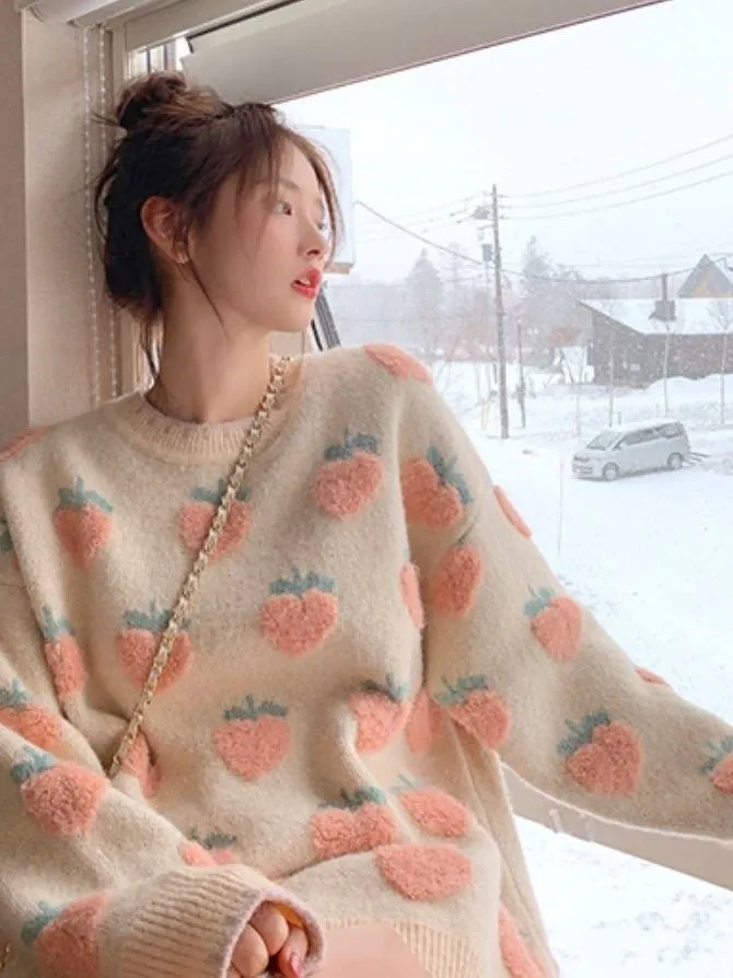 

Свободный вязаный свитер с клубничным узором, женский осенне-зимний новый корейский вариант, верхняя одежда, пуловер Lazy Sle