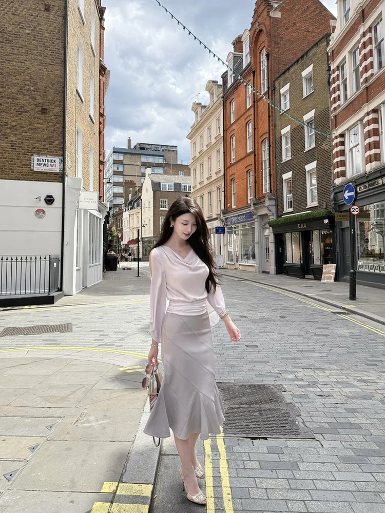 

Ele Original Wcouture irt Top Waist Inward Stand Collar Long Sve Breathable Polyester Summer Faion for Women