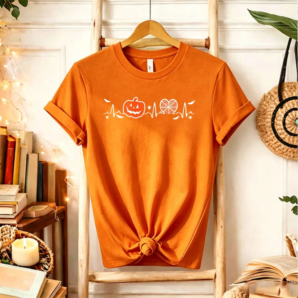 Halloween Heartbeat Pulse Graphic T‑Shirt Jack O Lantern Pumpkin Heart‑Shaped Orange Slice Fun Fall Autumn ECG Line Creative Top