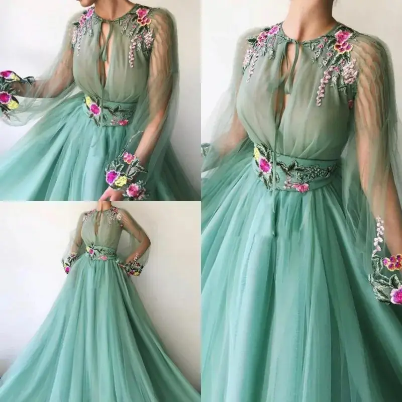 Attractive Prom Dresses Jewel Neck Long Sleeves Lace Appliques A Line Evening Gowns Custom Made Sweep Train Guest Party Dress