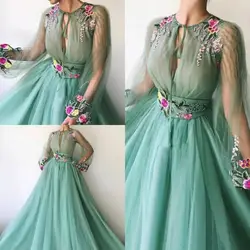 Attractive Prom Dresses Jewel Neck Long Sleeves Lace Appliques A Line Evening Gowns Custom Made Sweep Train Guest Party Dress