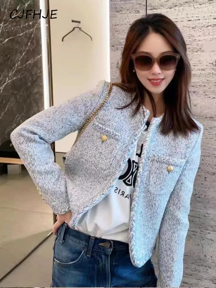 

CJFHJE Elegant French Sweet Tweed Jacket Women Fashion Buttons Faux Wool Short Coat Fall Winter Long Sleeve Design O Neck Jacket