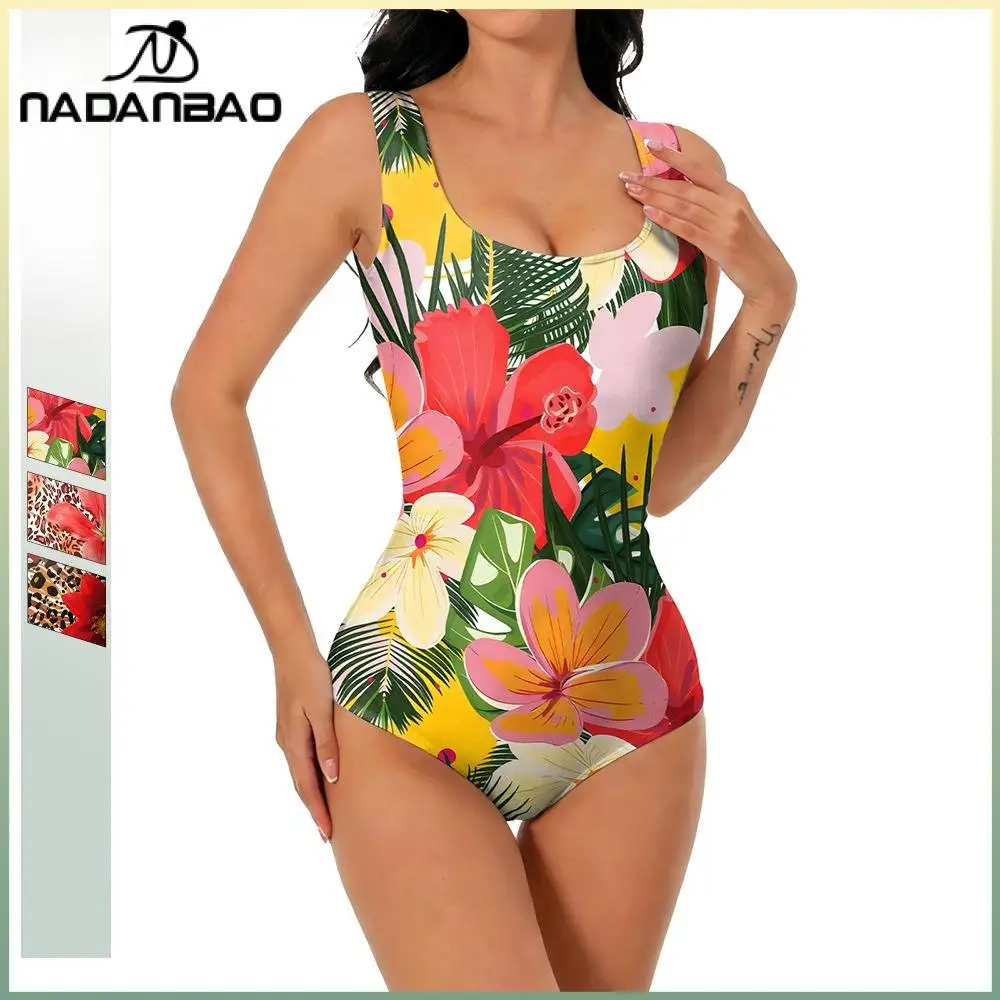 

Nadanbao Tropical Floral Print One-Piece Swimsuit Sexy Slim Sleeveless Women's Beachwear U-Neck Triangle Swimwear Summer Bikini