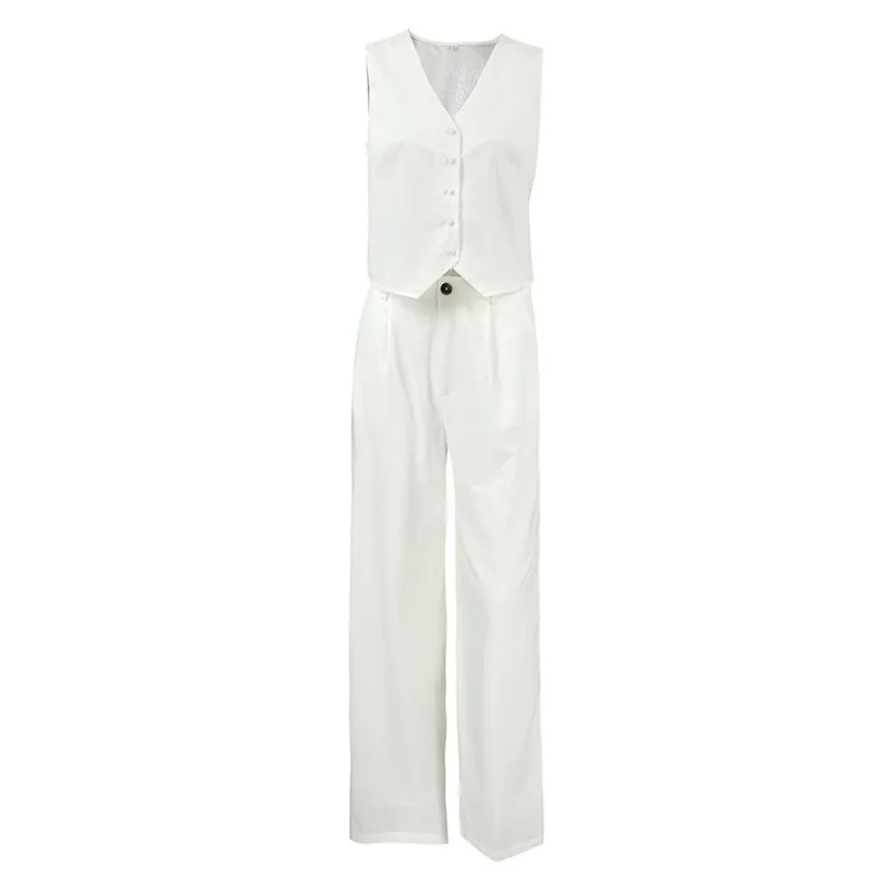 White Cotton Linen Sleeveless V-neck Vest Pant Set 2024