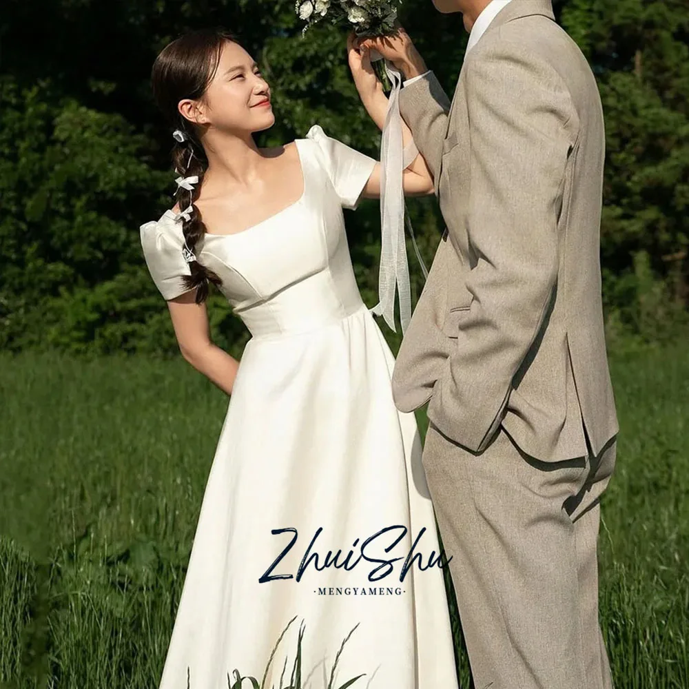 Simple Ivory Satin Wedding Photo Shoot Dress Square Collar Short Sleeve Korea Bridal Gowns Long Corset 웨딩드레스 Customized