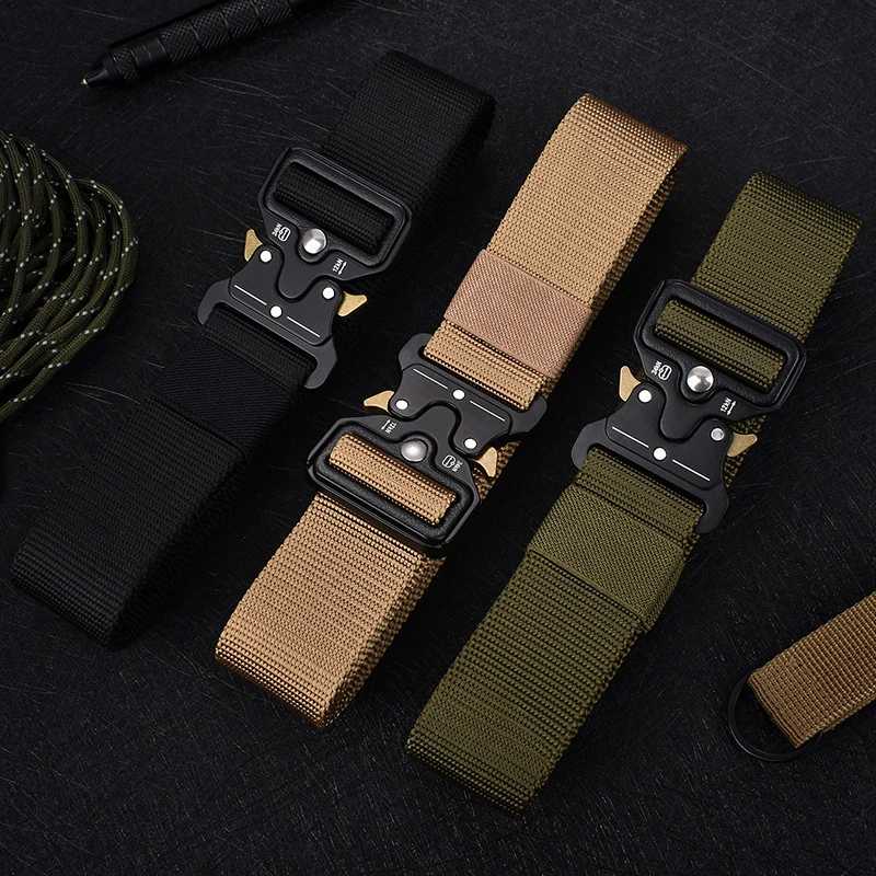 Quick Release Tactical Belts Men Canvas Waistband with Water Bottle Hanging Hook Carabiners Outdoor Hunting Gear Kit