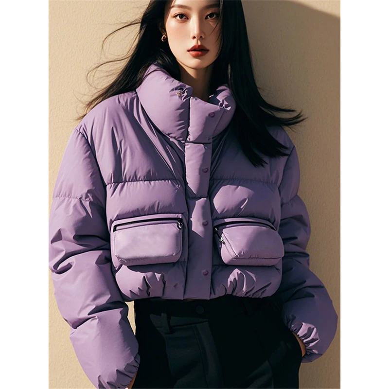 

Streetwear Purple Short Bread Jacket Design Sense Pocket Zipper Cotton Coat Women Turtleneck Warm Outwear Winter