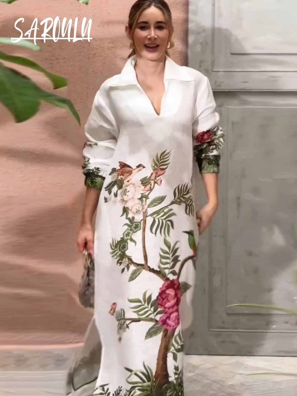 

Colorful Patterned Loose Evening Dress, Elegant Chic Stand Collar Prom Gown, New Arrival, Long Sleeves, Fashionable Women Wear
