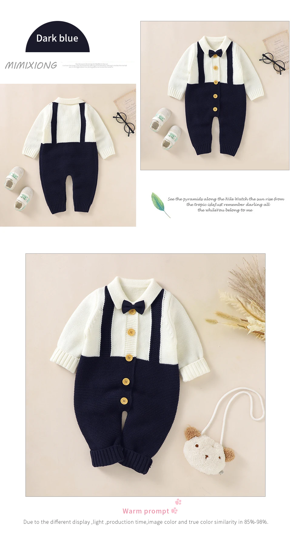 Baby Jungen Strampler Mode Herbst Winter Neugeborene Säuglinge Gentleman-Stil Overalls 0-18m Einteiliger Langarm-Strickanzug für Kleinkinder – Detail 12