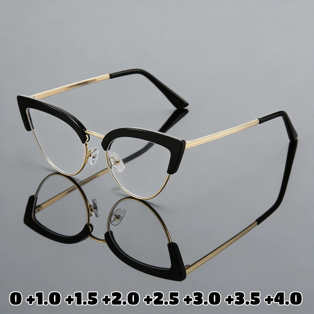 

Fashion Metal Cat Eye Reading Glasses Women's Anti Blue Light High-definition Goggles Optical Prescription Eyeglasses +3.5+4.0
