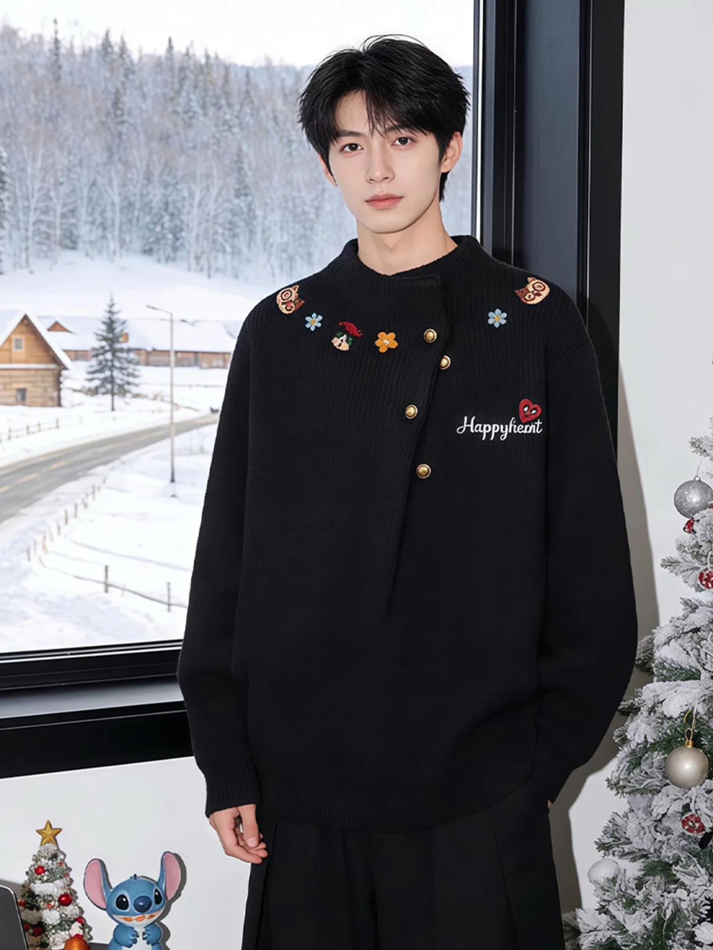 

Bla Men's Knitted Sweater Fce Lined Design Casual Sle f Open Collar Base Layer Top for Autumn Winter Spring