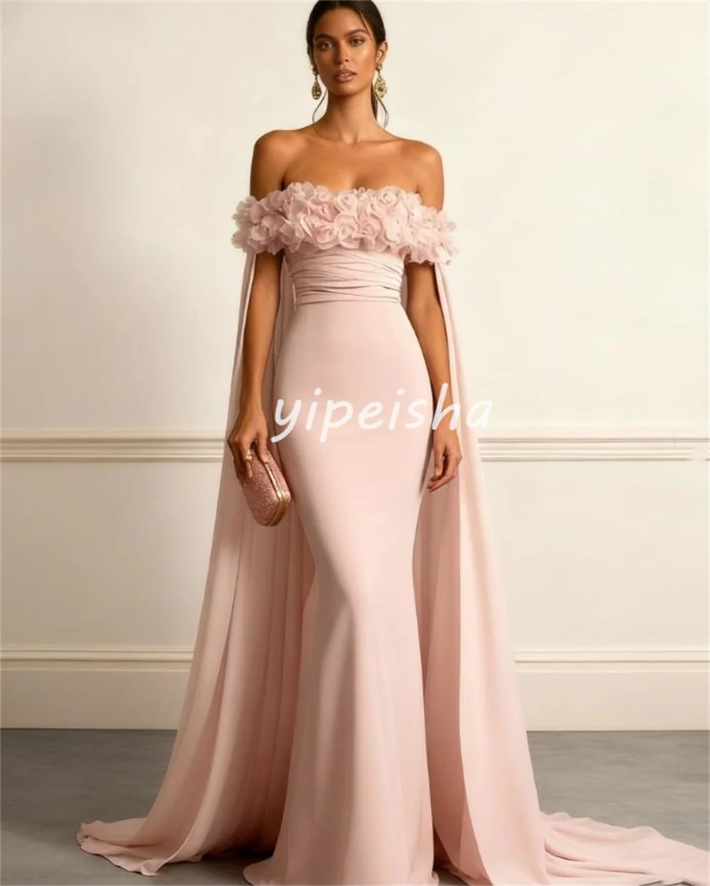 Personalizado exquisito Pastrol gasa hecho a mano flor plisado sirena acanalada fuera del hombro vestidos largos vestidos de noche formales