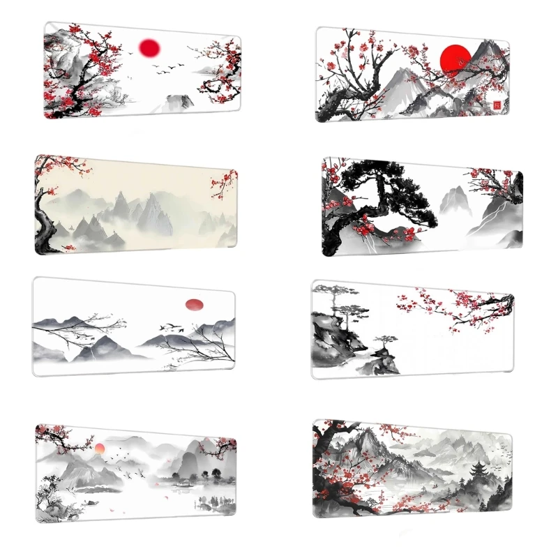 P82A Office Gaming Desk Pad Mouse Pad 30X80CM Rubber Grip Base with Wash Landscape Art for Daily Office Desk Use