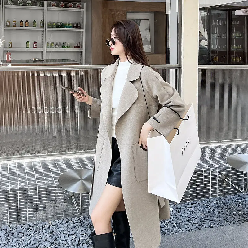 

Winter Elegant Woolen Trench Coat Chic Casual Long Solid Color Women Thicken Jacket Loose Fashion V31