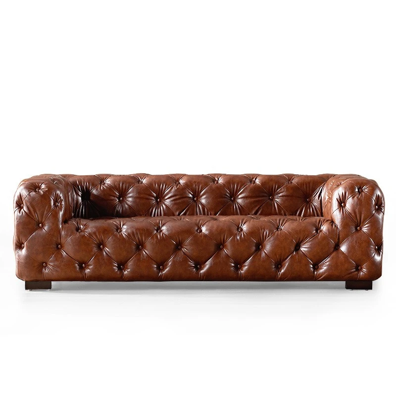 Full-pull buckle sofa, double-seat three-person, wax leather sofa, high-end luxury