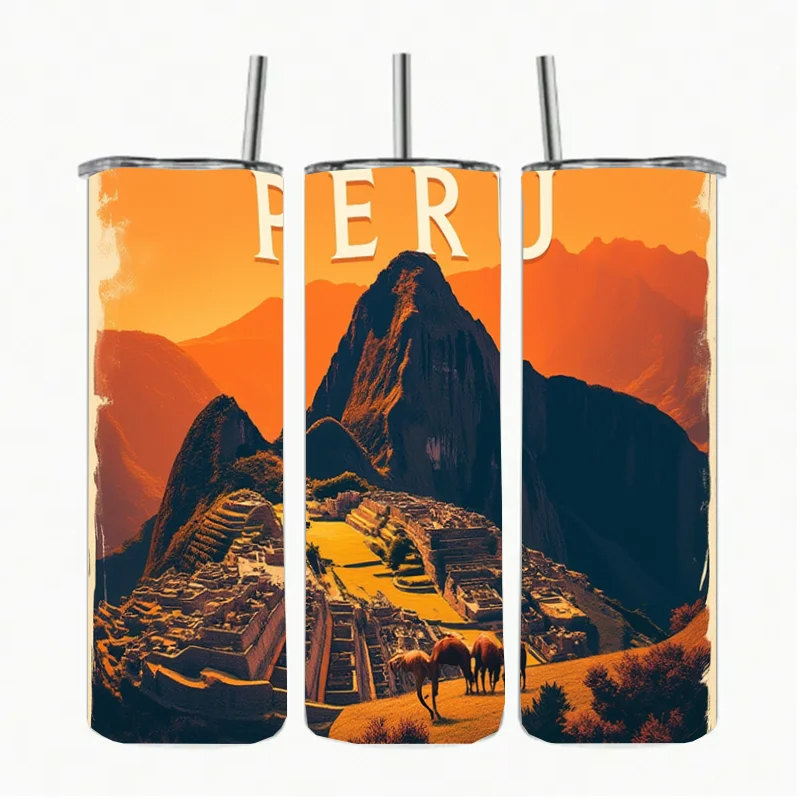 

20-ounce stainless steel vacuum flask with straw and lid, decorated with pictures of Peruvian scenery, as a gift, birthday gift