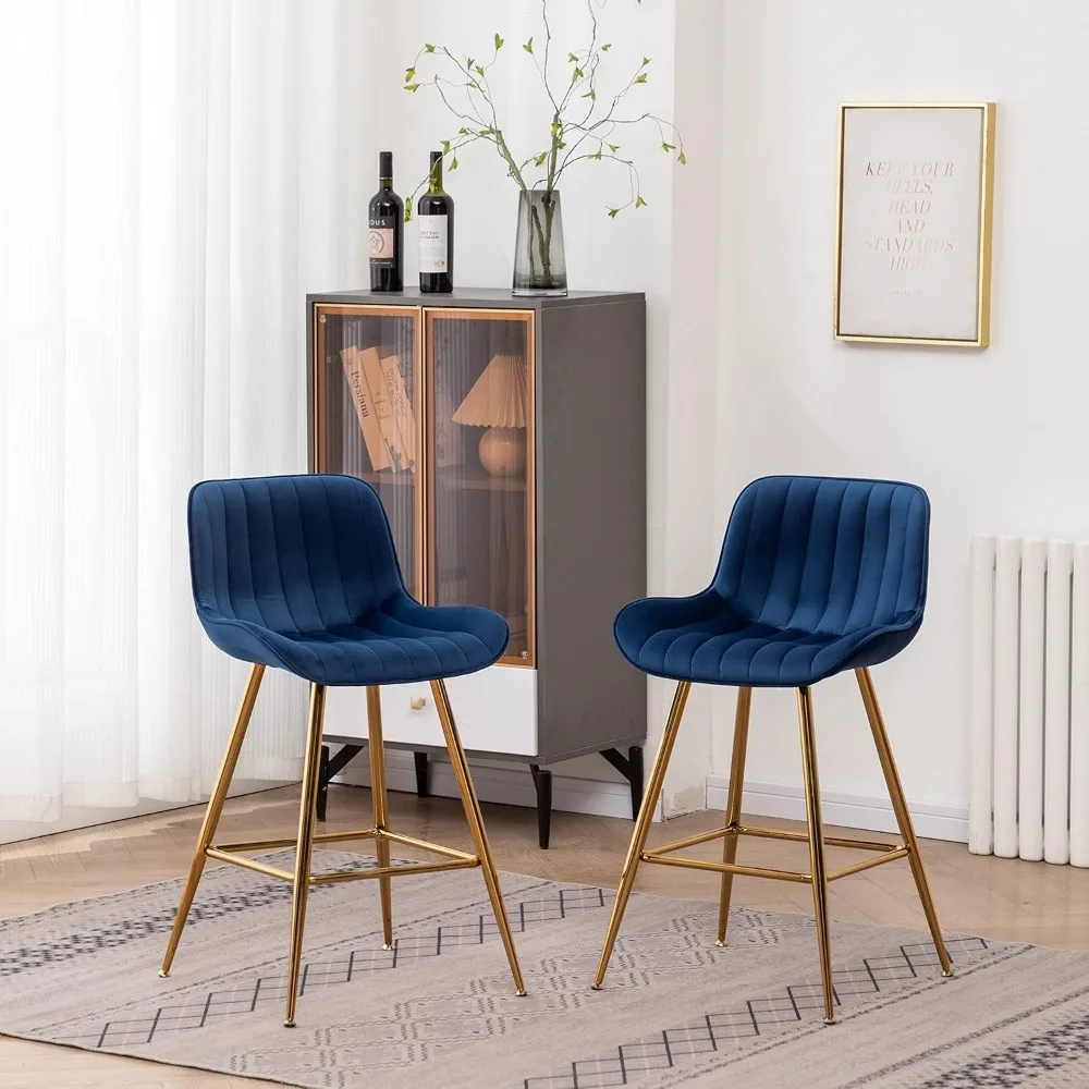 

Velvet Blue Bar Stools, 24 Inch Upholstered Island Stools with Footrests, Gold Bar Chairs for Home, Kitchen, Dining Room