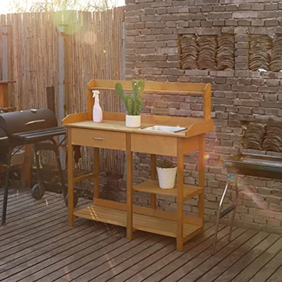 Potting Bench Garden Table for Outdoors with Removable Stainless Sink, Planting Work Bench with Storage Shelves and Drawer, Nat