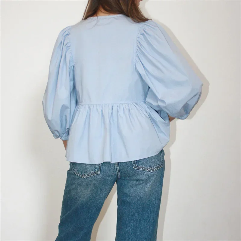 جديد أنيق شريط طباعة القوس الدانتيل يصل نفخة الأكمام بلوزة المرأة عادية فضفاض س الرقبة القمم قميص موضة الإناث تخفيف الشارع الشهير