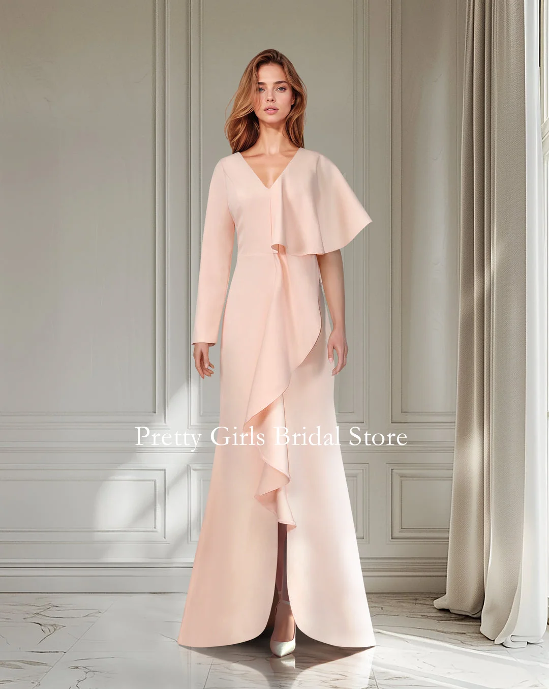 OEING Arabic Style Crepe Satin Evening Dresses RUFFLED PINK DRESS WITH ASYMMETRICAL SLEEVES Formal Prom Growns Party Women Bride