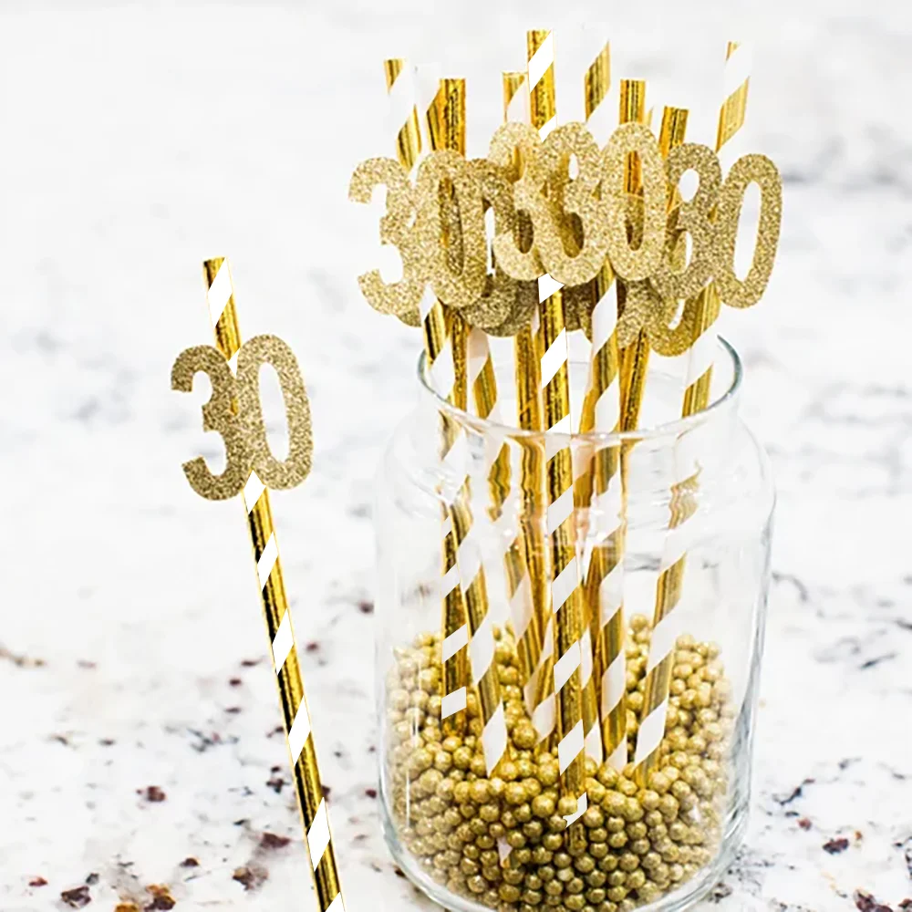 

10Pcs 30th 40th 50th 60th Birthday Straws Gold Glitter Number 70 80 Year Old Birthday Party Supply Anniversary Celebration Decor