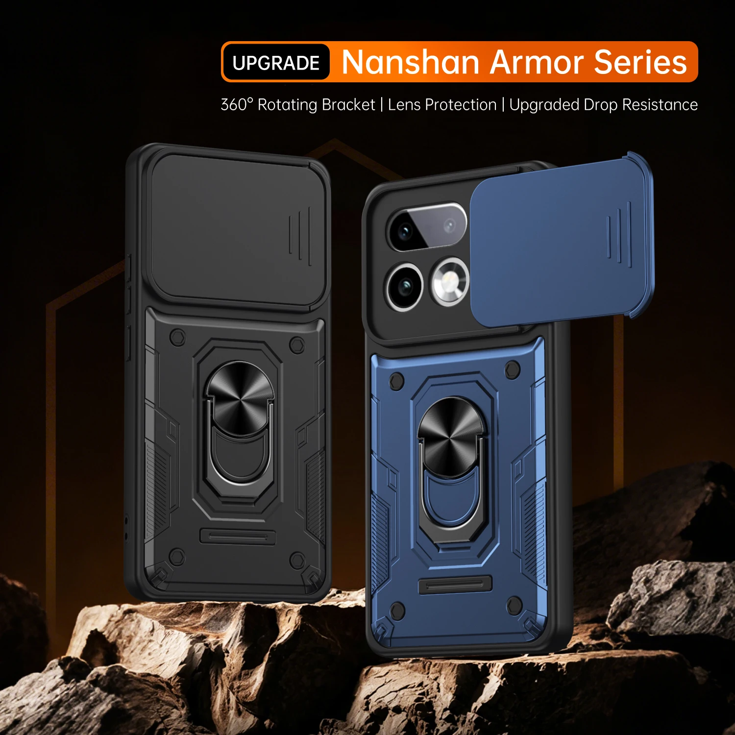 Nanshan Armor Case für Realme 16 Pro Plus 5G, verschiebbarer Kameralinsenschutz, Metallring-Ständerhalter, stoßfeste Handyhülle