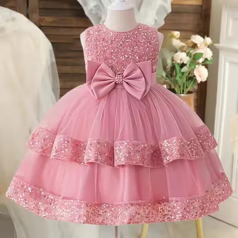 Girls Bow Sequins Mesh Children Sleeveless Evening Dresses School Graduation Party Multi Layered Princess Dress for Kids Evening