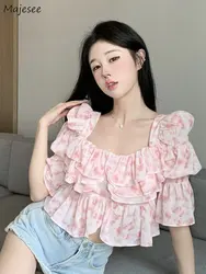 Floral Ruffles Blouses Women Thin Summer Tender Sweet Lovely Crop Tops Ropa Mujer Prevalent for Ladies All-match Ulzzang Retro