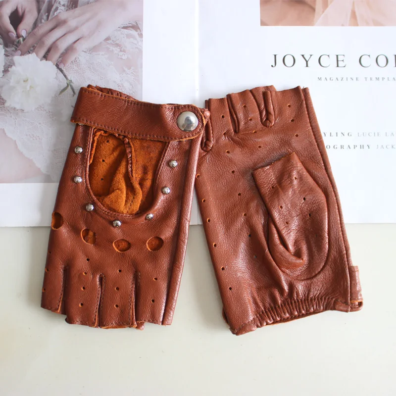 New Women's Sheepskin Half Finger Gloves Thin Style Unlined Rivet Style Colored Genuine Leather Driving Gloves