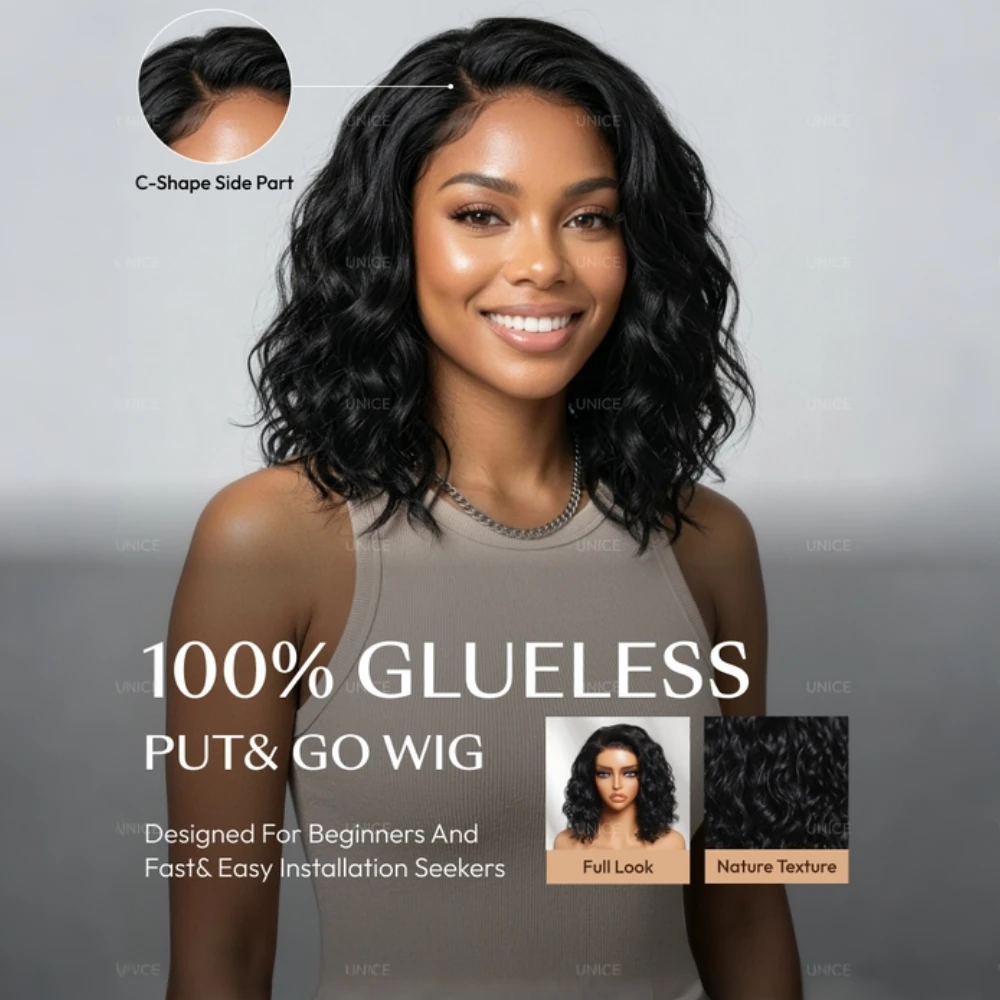 UNice Side Part Water Wave Bob Wig 220% Density Pre Cut Pre Bleached 6x4 Minimalist Lace Wigs 100% Human Hair Wig For Beginners
