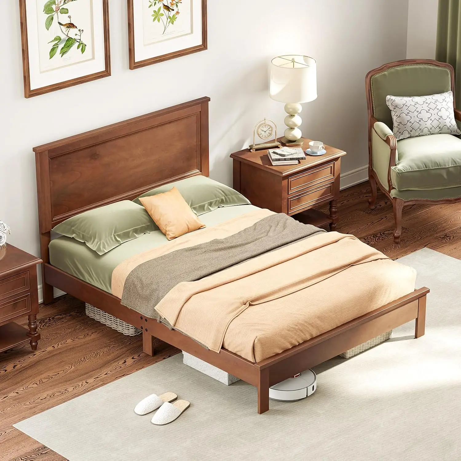 Wood Twin Bed Frame with Headboard, Mid Century Platform with Solid Legs & Slat Support, for Kids Adults, Walnut, Customized