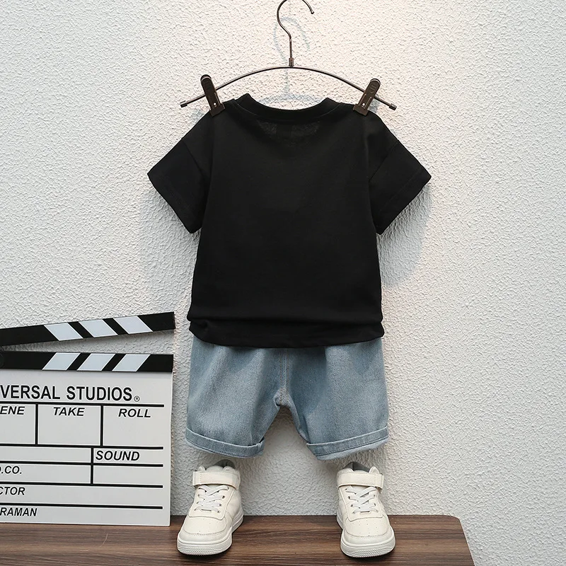 Summer New Baby Boys Clothes Cartoon Sports T-Shirt + Ripped Denim Shorts Sets for Toddler Infant Clothing Casual Outfits