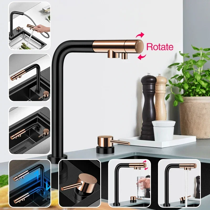 Rose Gold Black Kitchen Lifting Faucet Hot And Cold Water Filter Water Three-in-one Independent Switch Pull Out Kitchen Faucets