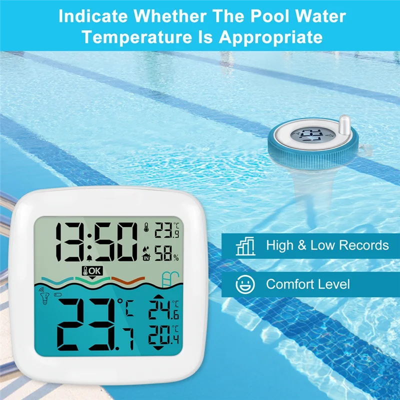 ABKI-مقياس حرارة لاسلكي دقيق لحمام السباحة مع مستشعر درجة الحرارة الخارجية ومراقبة الرطوبة الداخلية للتحكم الدقيق في المناخ