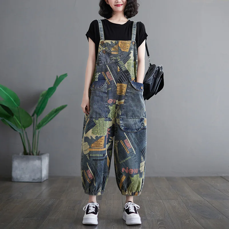 

Vintage Letters Print Women's Denim Jumpsuit Oversize Loose Casual Wide Leg Overalls Spring Summer Female Suspender Pants