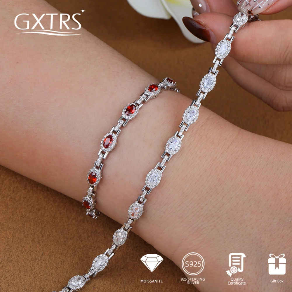 

GXTRS Elegant Oval Moissanite Tennis Bracelets For Women 925 Sterling Silver Wedding Party Lab Diamond Chains Gifts Fine Jewelry