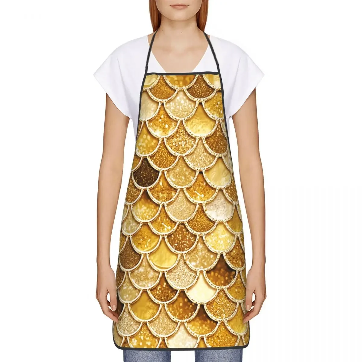 Custom Bib Gold Sparkle Faux Glitter Mermaid Scales Aprons Men Women Unisex Adult Chef Cooking Kitchen Tablier Cuisine Baking