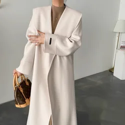 French Retro High-End Temperament Woolen Coat Women'S Autumn And Winter Shawl Collar Tied Loose Long Woolen Coat