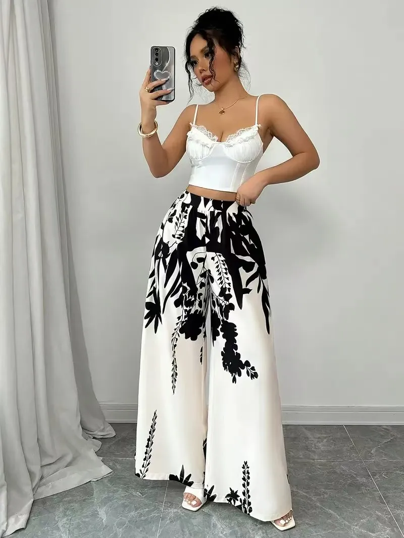 Women's Fashion Printed Tie-Waist Slimming Casual Long Pants Cross-Border Wholesale Comfortable Wide Leg Trousers