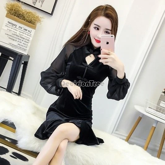 2024 autumn warm velvet patchwork qipao dress chinese style daily improved fashionable fishtail dress sexy hollow out slim dress