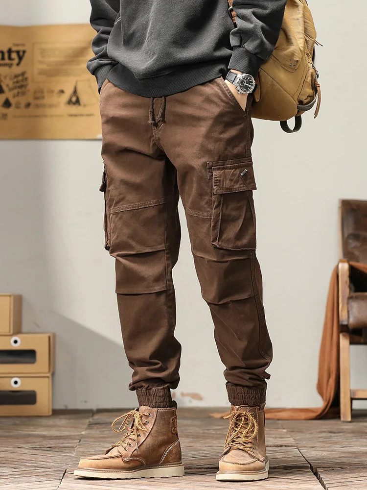 2023 Autumn New Cargo Pants Men Work Wear Multi-Pockets Ankle-Length Solid Cotton Slim Fit Joggers Male Casual Trousers